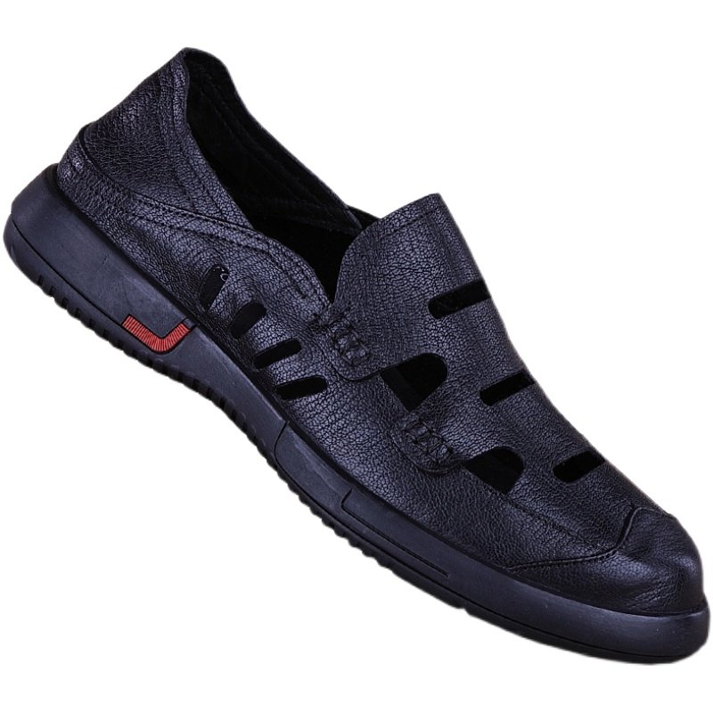 高端男凉鞋夏季真皮透气头t层牛皮一脚蹬包头沙滩鞋软底镂空洞洞