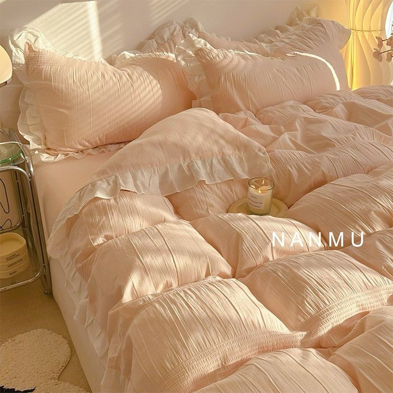 奶油泡泡|仙女粉花边全棉四件套少女心简约褶皱被套1.8床笠,床上用品,床品套件/四件套/多件套,淘宝优惠券,粉丝福利购,淘宝优惠卷