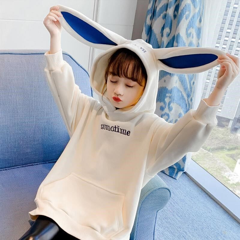 新品2023女童卫衣加绒加厚连帽金丝绒中长款儿童外套女春秋新款兔