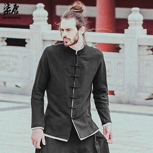 新中國風(fēng)雙層亞麻男士 立領(lǐng)盤扣太極武術(shù)服晨練新 上B衣中式 唐裝