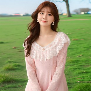 2025春款 仙女裙胖mm大圆领网纱拼接粉蕾丝连衣裙 甜美淑女大码 女装