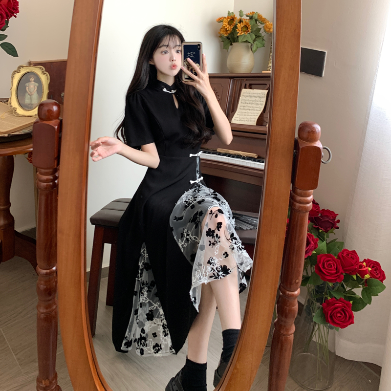 哺乳装夏季c复古网纱刺绣拼接改良旗袍连衣裙大码显瘦遮肚时尚衣