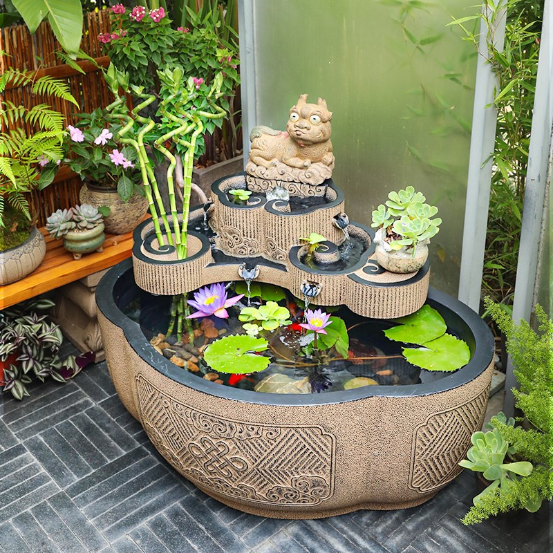 圆形新款布新l水景中式摆件大型鱼池流水循环水户外花园造景庭院