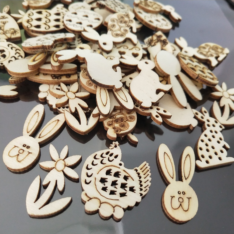 极速100pcs Happy Rabbit Eggs Easter Decorations Wooden Craft