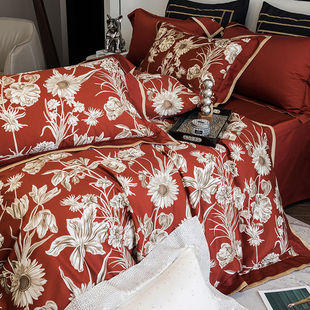 美式 复古印花结婚庆全棉四件套100S纯棉酒红陪嫁娶床上喜被套床单