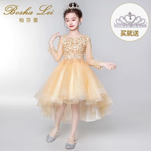 花童礼服女儿童婚纱女童公主裙蓬蓬纱G长袖走秀小主持人钢琴演出