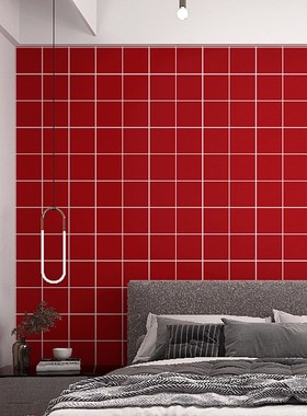 大红色墙纸几何格子图案现代简约客厅卧室酒红色背景复古红色壁纸