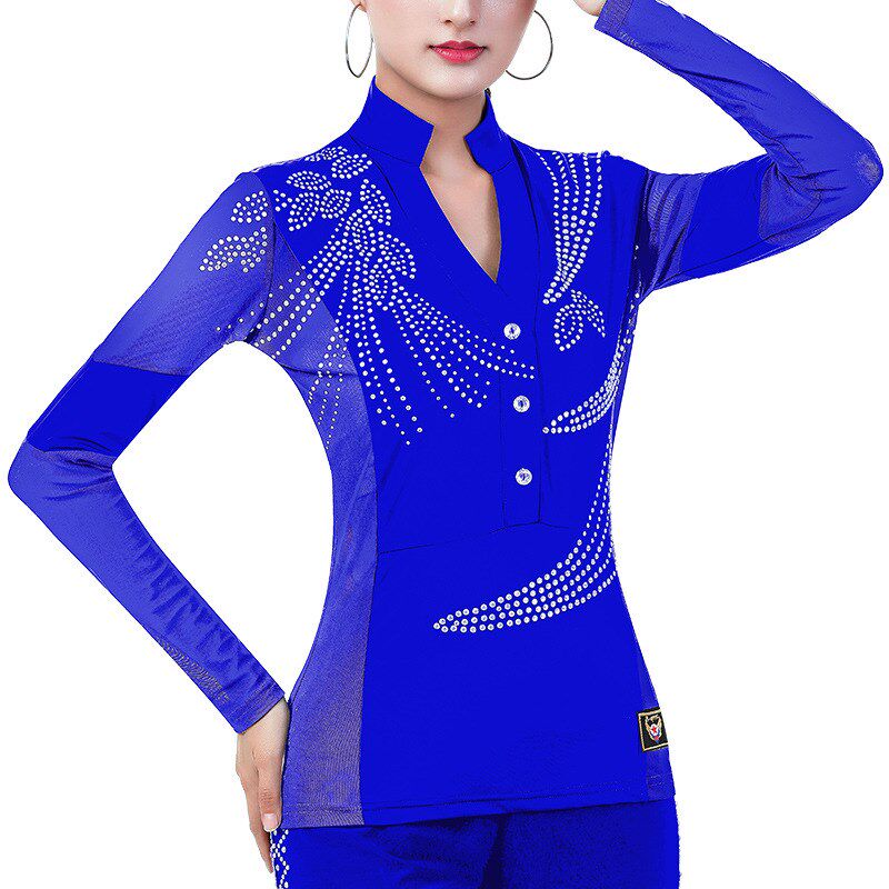 越野营拉丁舞练功服女上衣镶钻中袖长袖形体服吉特巴舞蹈服装新款