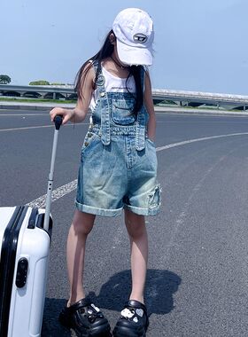 女童牛仔背带裤夏季2024新款大儿童短裤洋气薄款小孩休闲裤子时髦