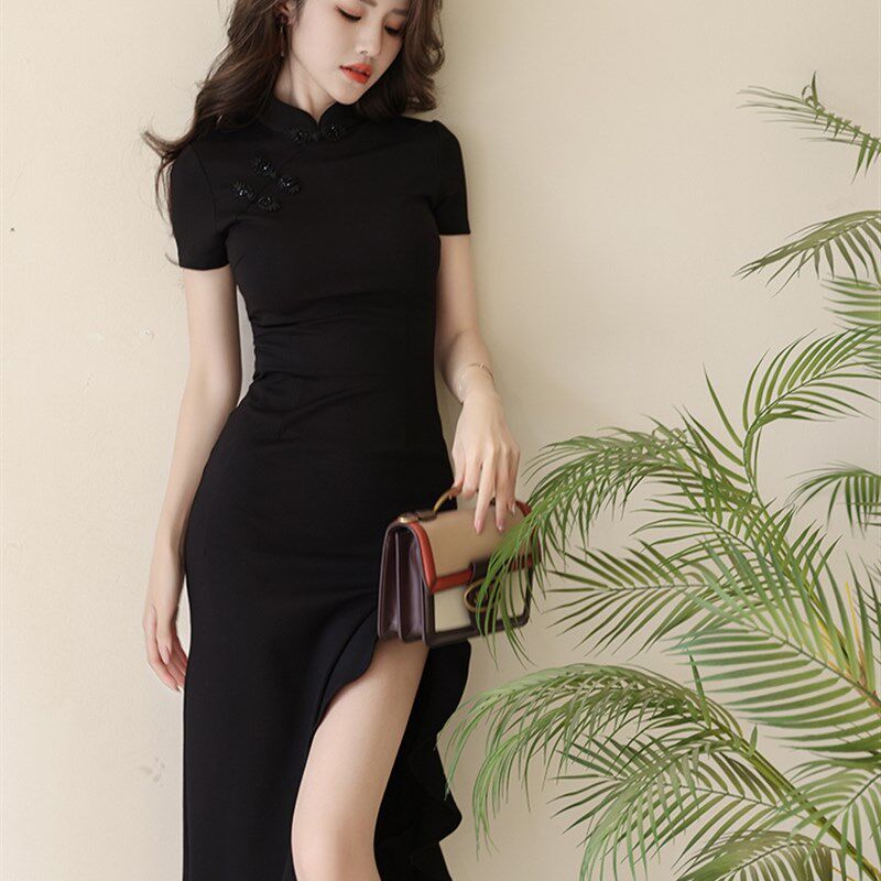 TRENDY BRAND 2023 SUMMER NEW WOMENS CLOTHING NEW CHINESE TEMPERAMENT CELEBRITY IRREGULAR IMPROVED CHEONGSAM FISHTAIL DRESS WOMEN