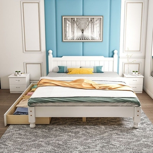 费实木床现代简约1.8米双人床白色1.5米单人床1米经济型家 新疆 免邮