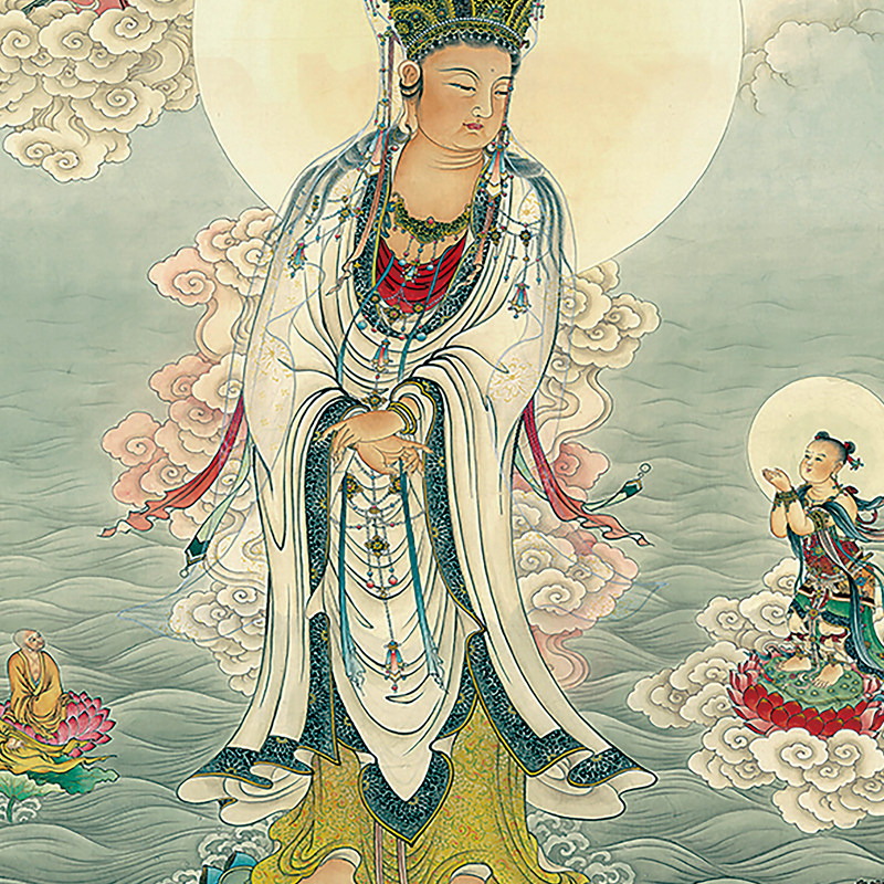 现货速发南海观世音菩萨全景图童子拜观音卷轴画韦驮罗汉尊者佛像