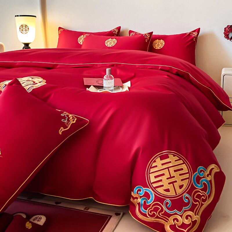 中式婚庆四件套大红色床单被罩全棉结婚陪嫁婚房床上用品,床上用品,婚庆床品套件,淘宝优惠券,粉丝福利购,淘宝优惠卷
