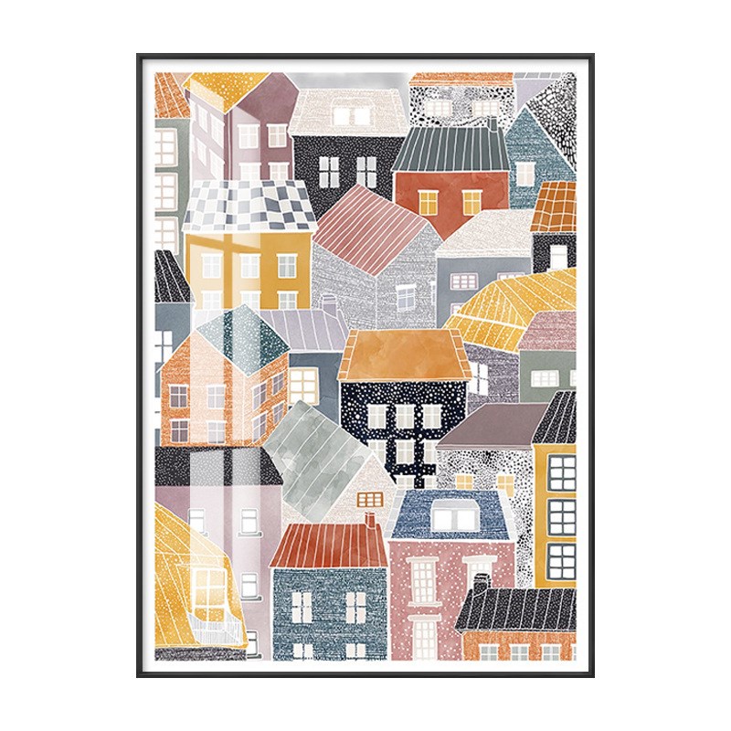 北欧风格客厅装饰画创意建筑人物插画餐厅卧室儿童房创意暖色挂画图片