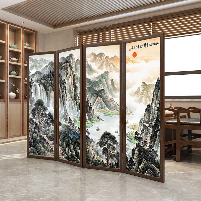 新中式实木客厅卧室移动折叠屏风隔断遮挡办公室寓意江山多娇国画