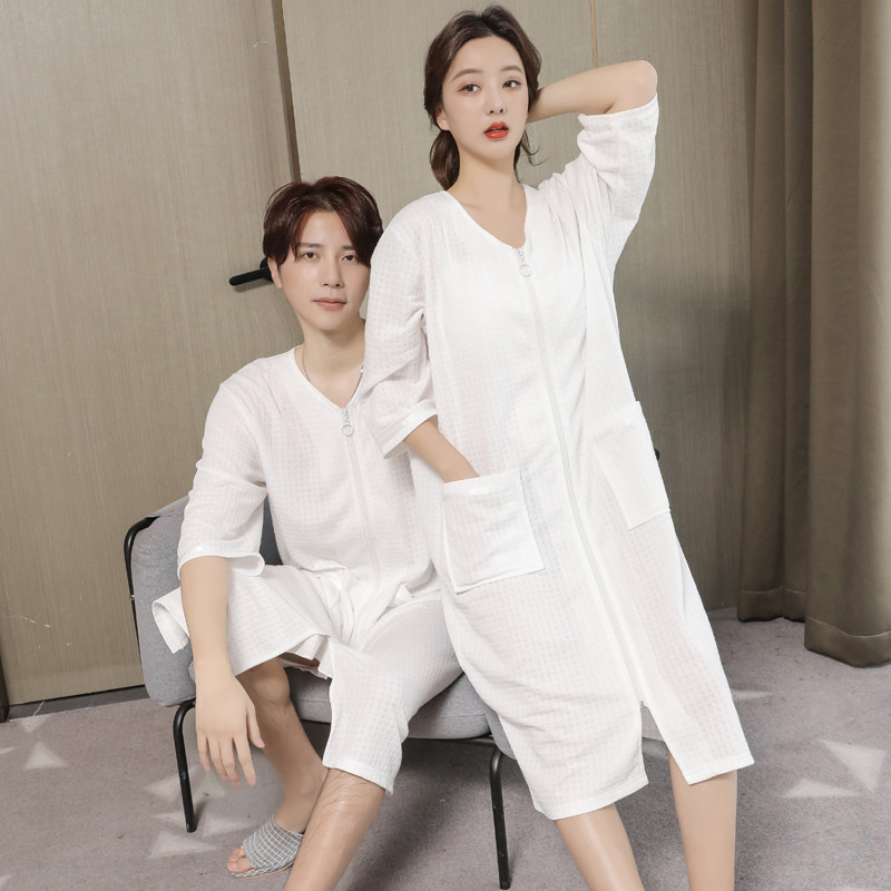 薄款拉链睡袍女夏季连体睡裙情侣大码宽松浴袍男士一片式睡衣外穿