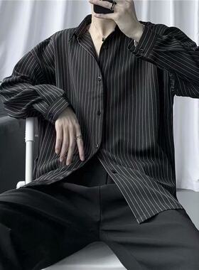 春季条纹衬衫男潮流成熟休闲套装宽松帅气男装一套搭配三件套衣服