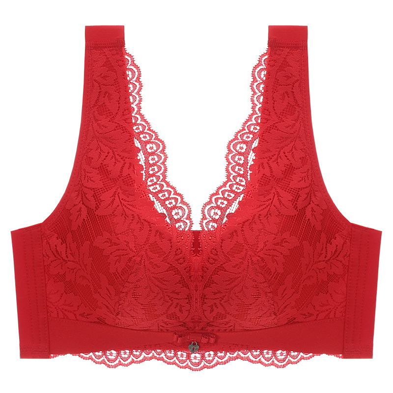 红色内衣女小胸聚拢收副乳蕾丝胸罩大红本命年文胸无钢圈加厚上托