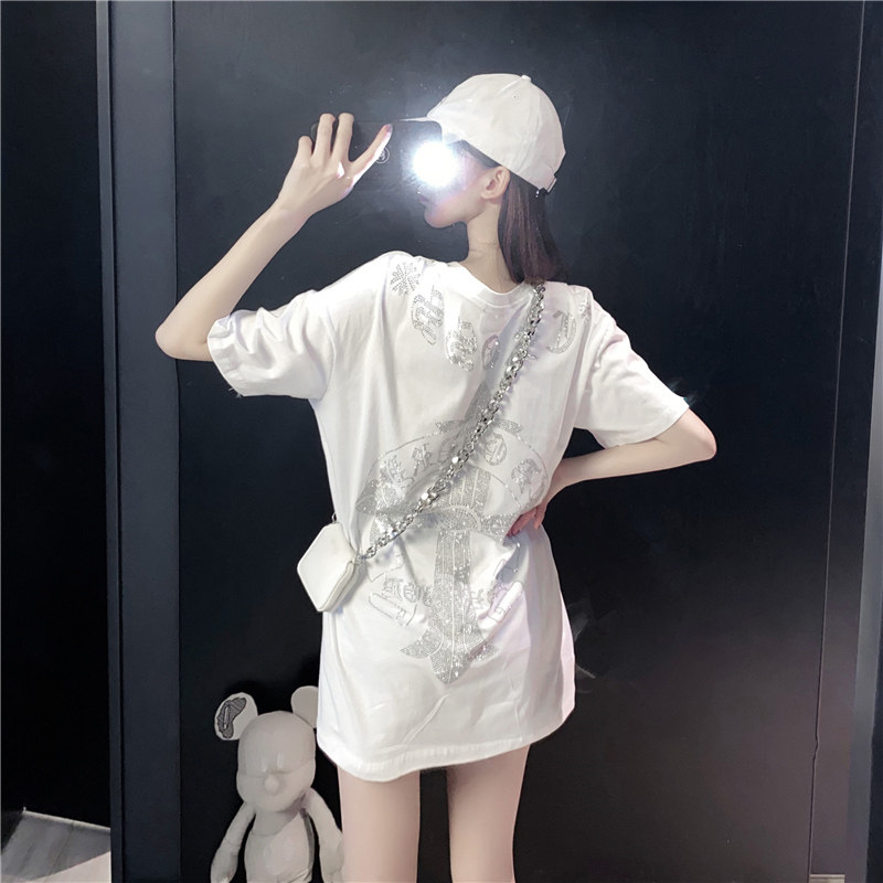 潮牌2022夏季新款重工烫钻短袖t恤女宽松大码中长款纯棉百搭上衣