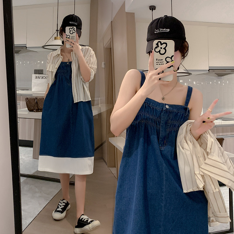 孕妇装夏季新款牛仔吊带裙子宽z松显瘦孕妈连衣裙防嗮外套背心长