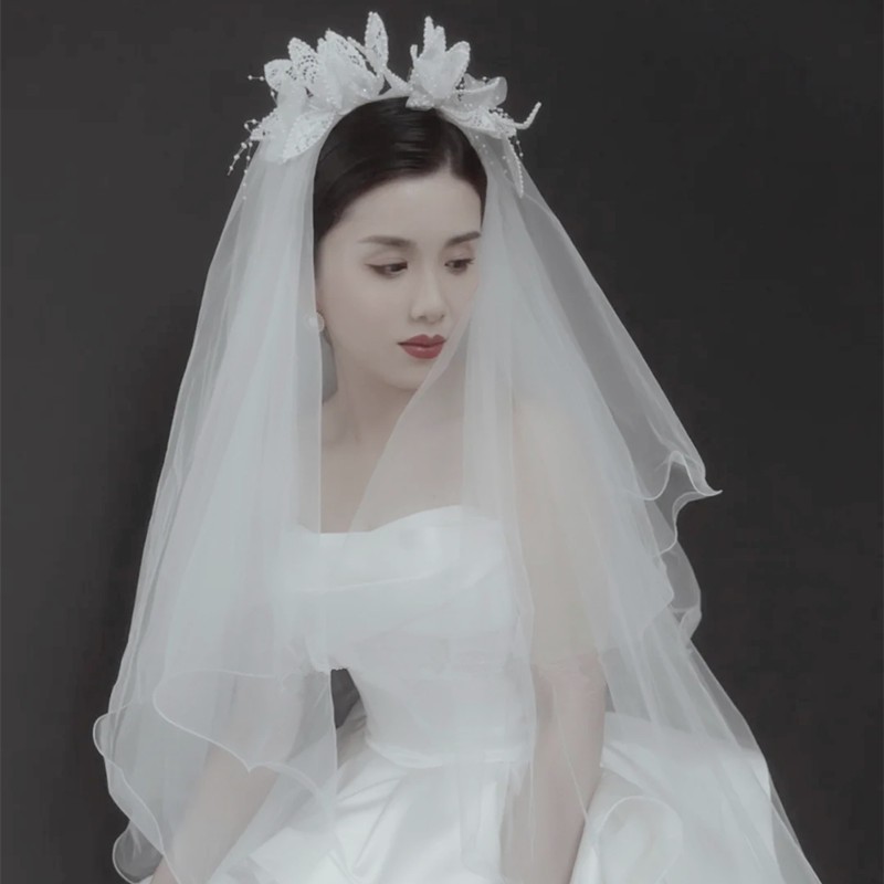 结婚轻纱造型花朵头纱仙气满满韩式新娘跟妆迎宾气质头饰拍照道具