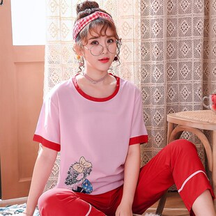 韩版女生睡衣夏棉绸薄款可爱卡通图案家居服套装绵绸女士大码睡衣