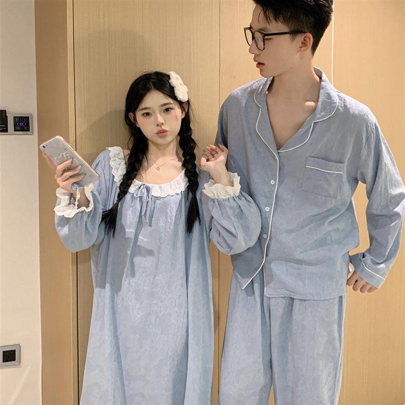 韩版情侣睡衣春秋款长袖提花甜美花边睡裙男女款家居服套装,女士内衣/男士内衣/家居服,睡衣/家居服套装,淘宝优惠券,粉丝福利购,淘宝优惠卷