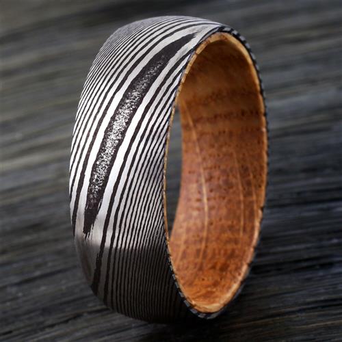 推荐8mm Mens Black Tungsten Wedding Band with Damascus Steel