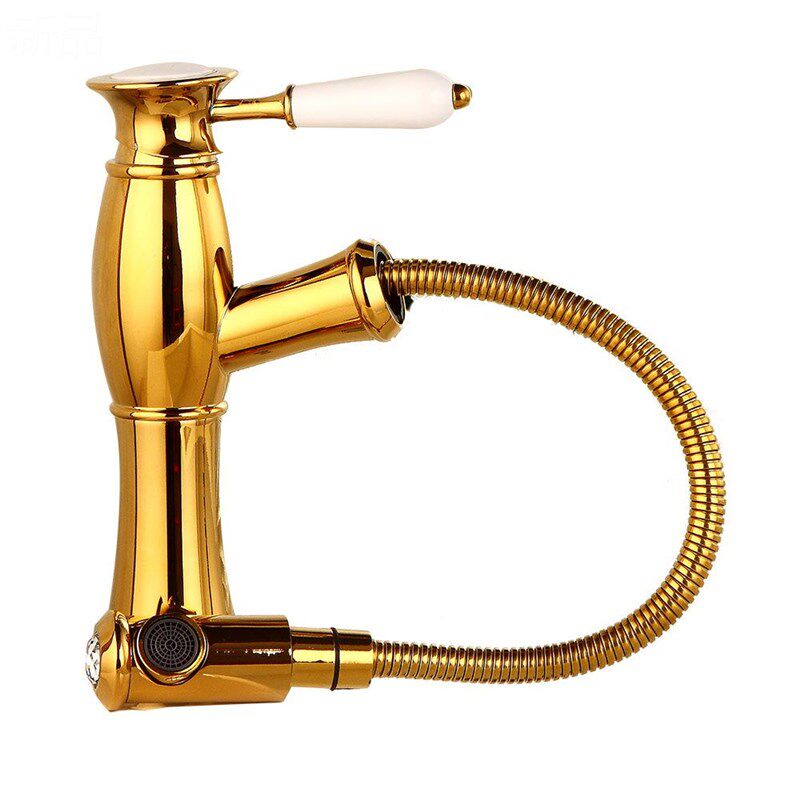 全铜抽拉水龙头欧式仿古面盆冷热混水龙头金色抽拉厨房水龙头