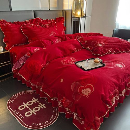 中式婚嫁喜庆全棉大红色四件套床裙款喜被套结婚四季床上用品