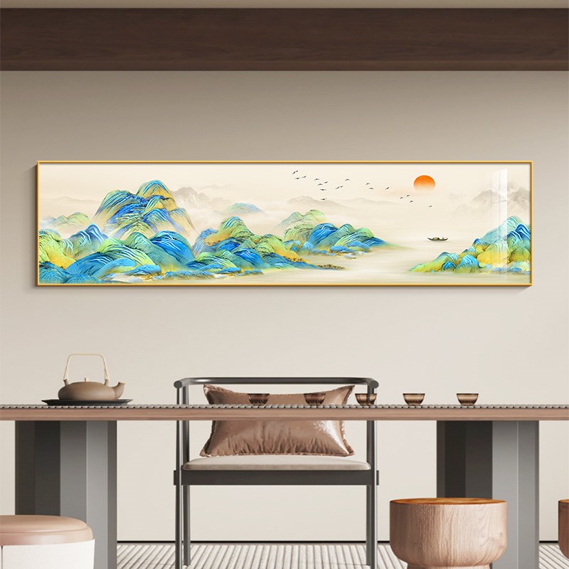 千里江山图茶室装饰画新中式卧室床头横幅挂画背有靠山客厅简约画