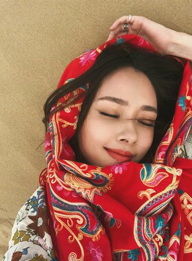 手工绣花民族风j披肩西藏青海百搭红色围巾秋冬季加厚保暖两用围