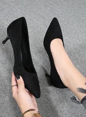 单鞋女20c21春季新款黑色软皮小高跟细跟低跟3cm中跟5cm百搭工作
