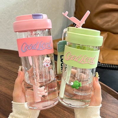 日本玻璃杯带茶隔茶水分离泡茶杯女生高颜值耐高温高硼硅吸管杯子