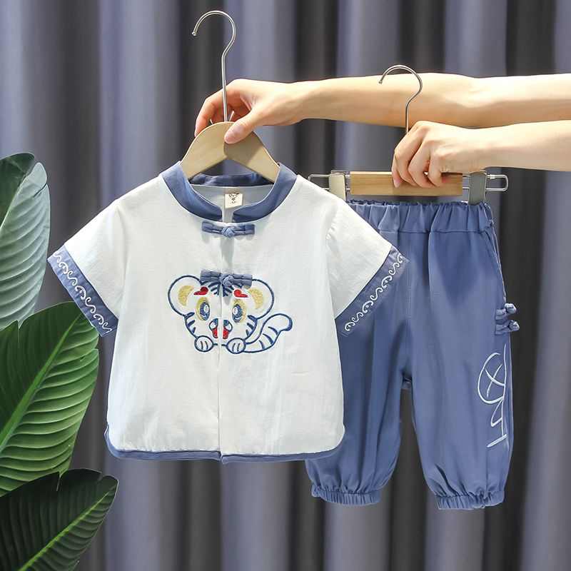 宝宝夏装汉服男童棉麻套装薄款小男孩唐装短袖夏装童装衣服中国