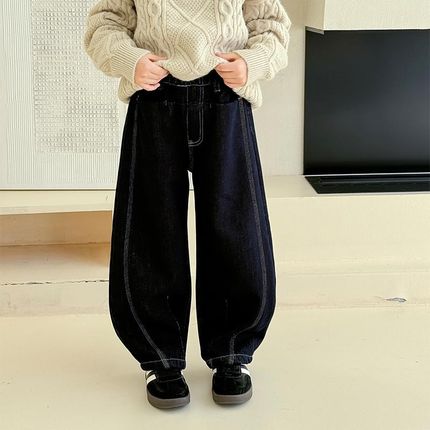 男童加绒弯刀明线牛仔裤冬季一体绒裤子2024新款青少年加厚阔腿裤