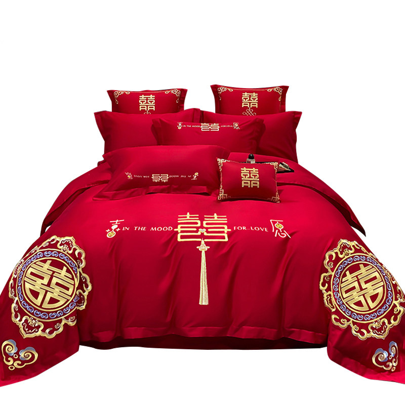 120支新疆长绒棉结婚床上四件套婚床婚嫁全棉婚庆大红色喜被婚房,床上用品,婚庆床品套件,淘宝优惠券,粉丝福利购,淘宝优惠卷