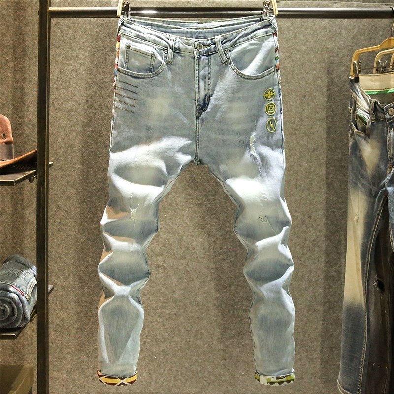 浅蓝色九分潮牌破洞男士牛仔裤夏季薄款拼色潮流百搭修身小脚裤子