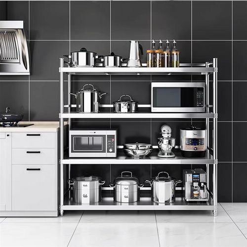 304厨房置物架不锈钢落地多层收纳围栏款加厚货架超市储藏间架子