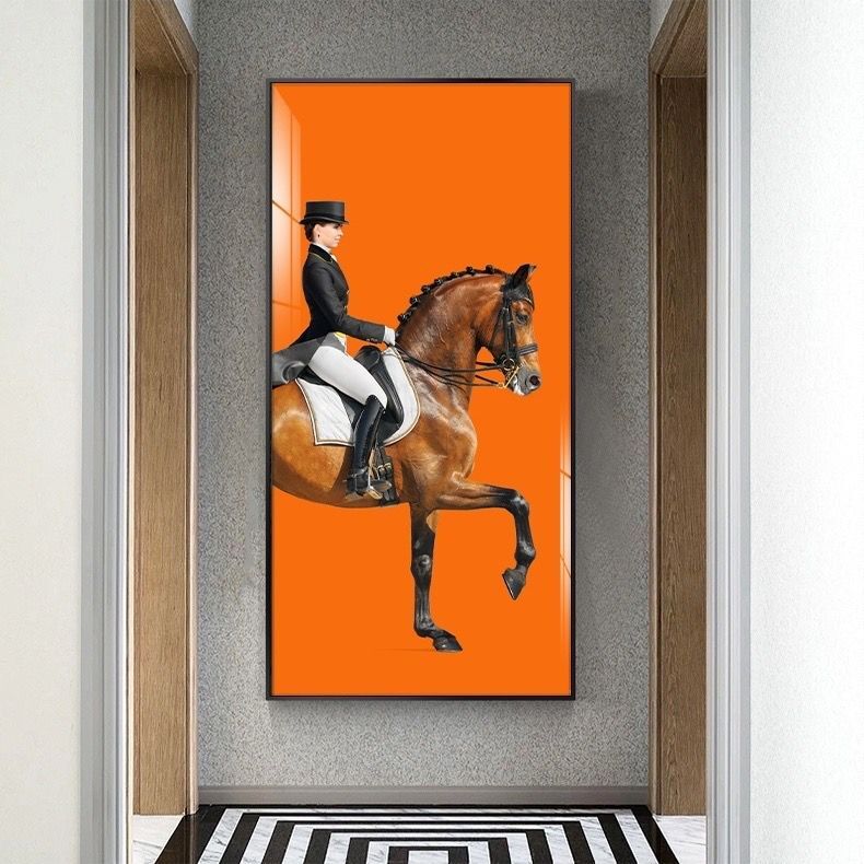 入户玄关客厅装饰画现代简约北欧轻奢客厅挂画橙色马过道走廊壁画图片