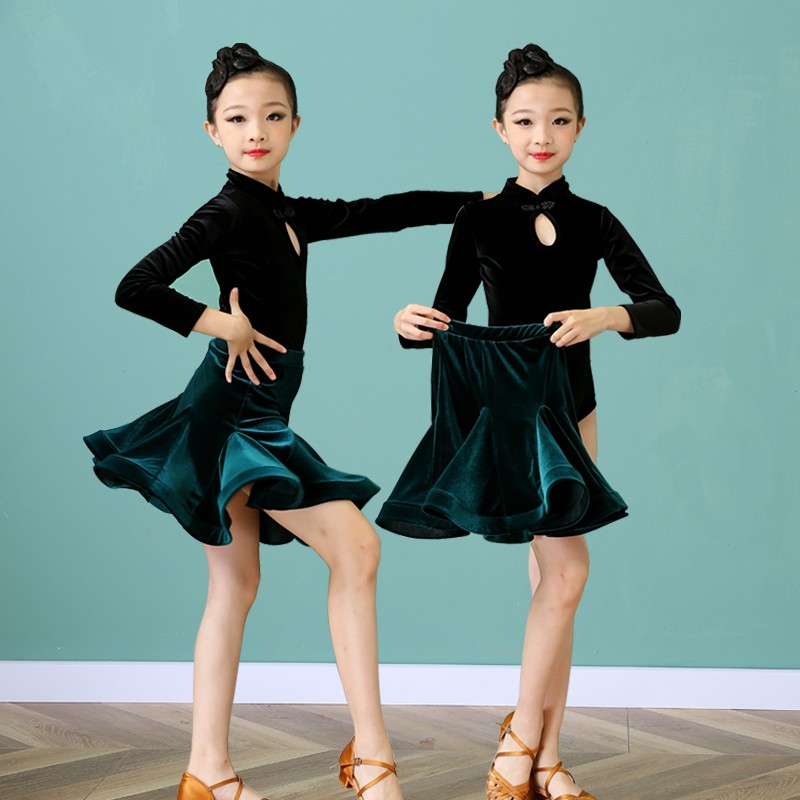拉丁舞服女儿g童秋冬季练功服长袖分体丝绒专业拉丁舞裙比赛表演