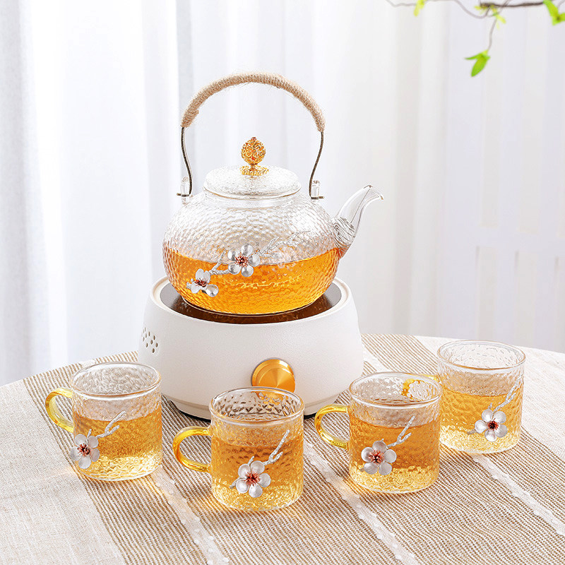 电陶炉加热蒸煮茶壶套装镶锡透明玻璃泡花茶壶茶杯带滤网胡桃木盘,餐饮具,茶壶,淘宝优惠券,粉丝福利购,淘宝优惠卷