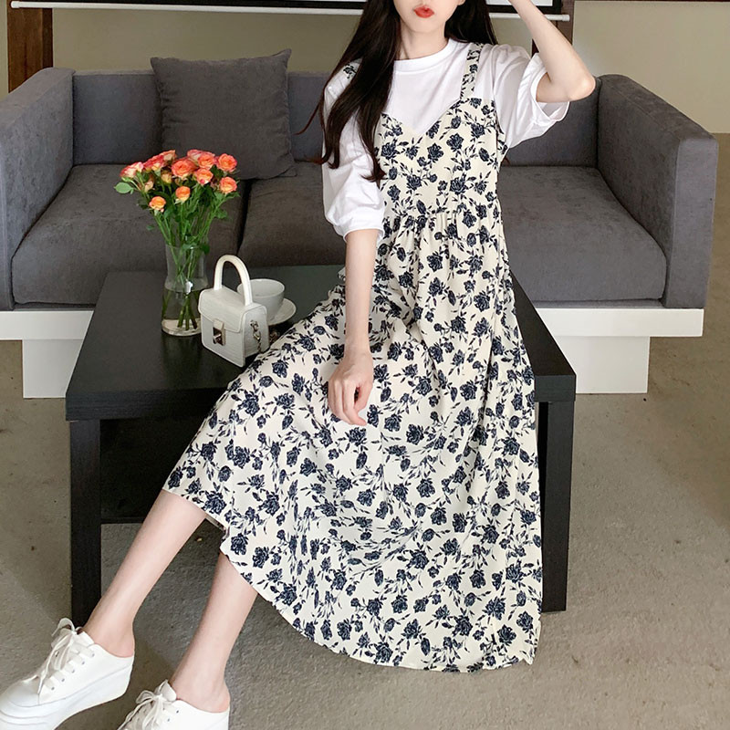 温柔风孕妇假两件背带连衣裙胖mm宽松藏肉小个子碎花长裙子女夏天