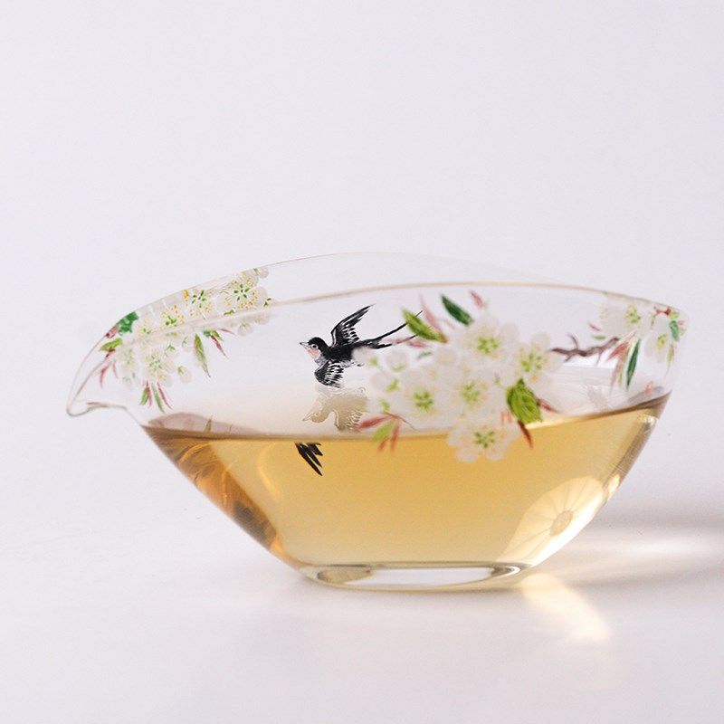忆江南 手绘梨花燕子玻璃公道 耐热玻璃茶具
