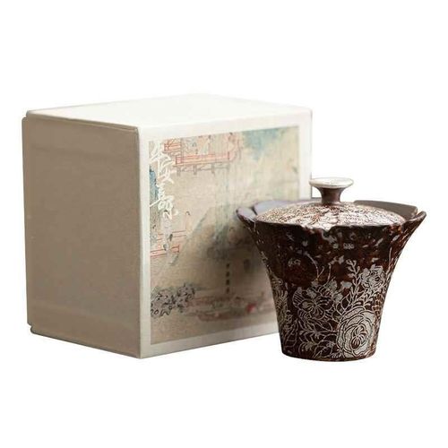 繁花鎏银花口盖碗粗陶二才盖碗小号泡茶碗茶杯功夫茶具单个泡茶器