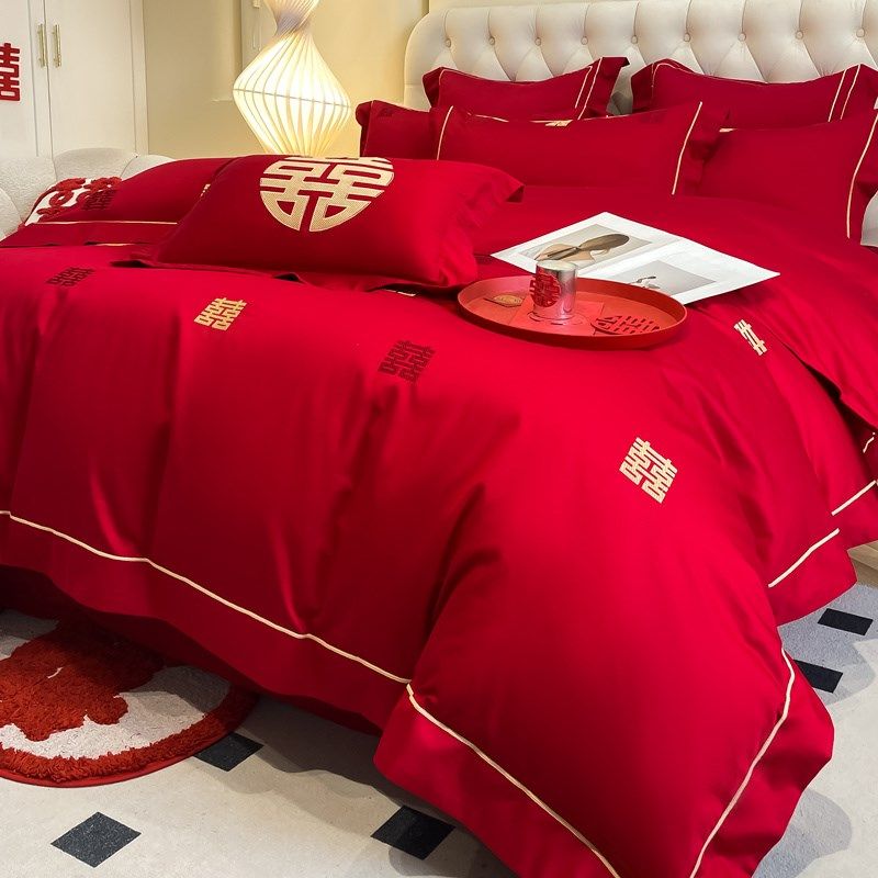 简约中式喜字刺绣大红色婚庆四件套新房六件被套结婚床上用品,床上用品,婚庆床品套件,淘宝优惠券,粉丝福利购,淘宝优惠卷