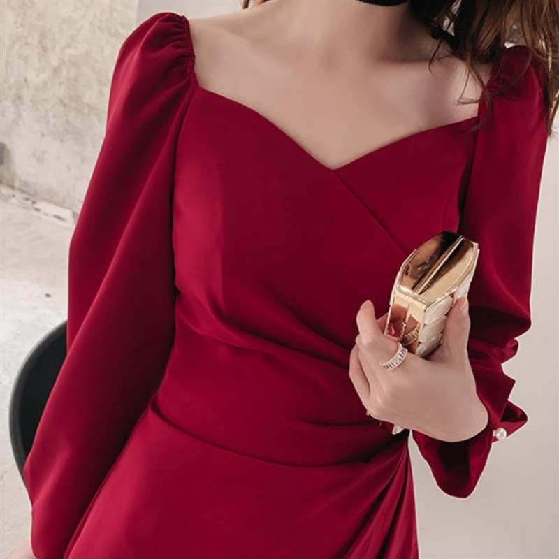 红色小个子礼服回门便装平时可穿短款长袖敬酒服新娘女订婚连衣裙