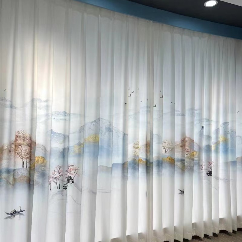 新款中式白色山水画纱帘透光不透人白纱飘窗落地窗成品窗纱窗帘