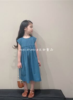 木西童品2024夏韩版女童蓝色棉麻长裙女宝宝森系娃娃裙公主连衣裙