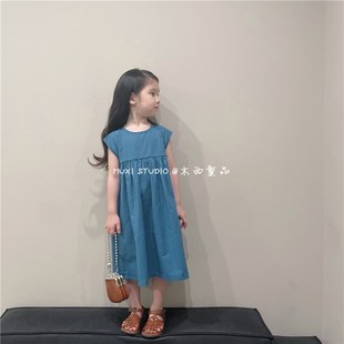 木西童品2024夏韩版女童蓝色棉麻长裙女宝宝森系娃娃裙公主连衣裙